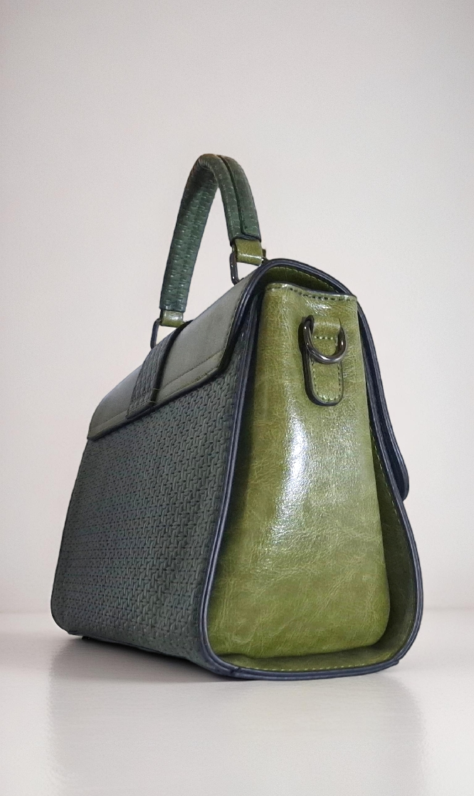 Satchel-Style Handbag In Olive Green Faux Leather.