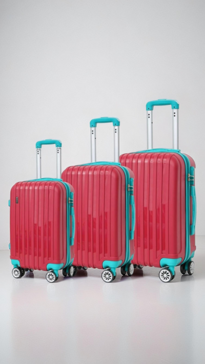 Trolley ABS Hard Luggage Bag Set - 3 Piece - Dark Red/Green