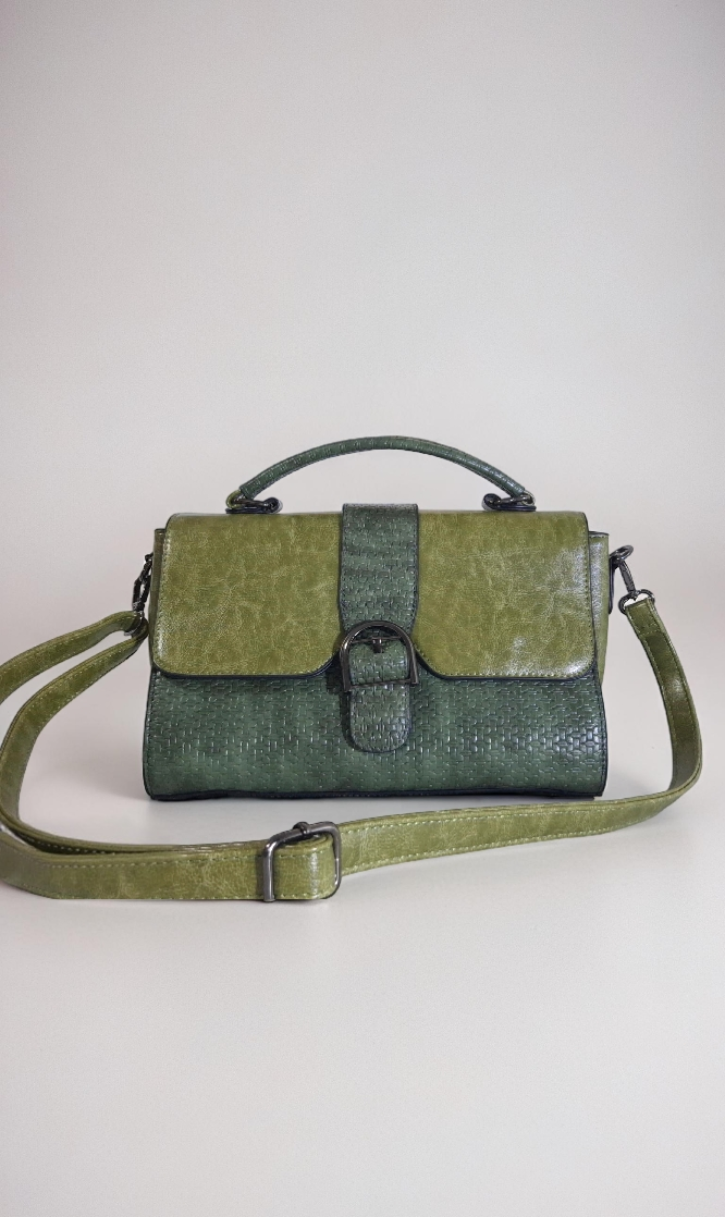 Satchel-Style Handbag In Olive Green Faux Leather.