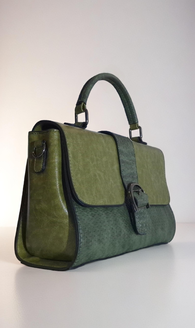 Satchel-Style Handbag In Olive Green Faux Leather.